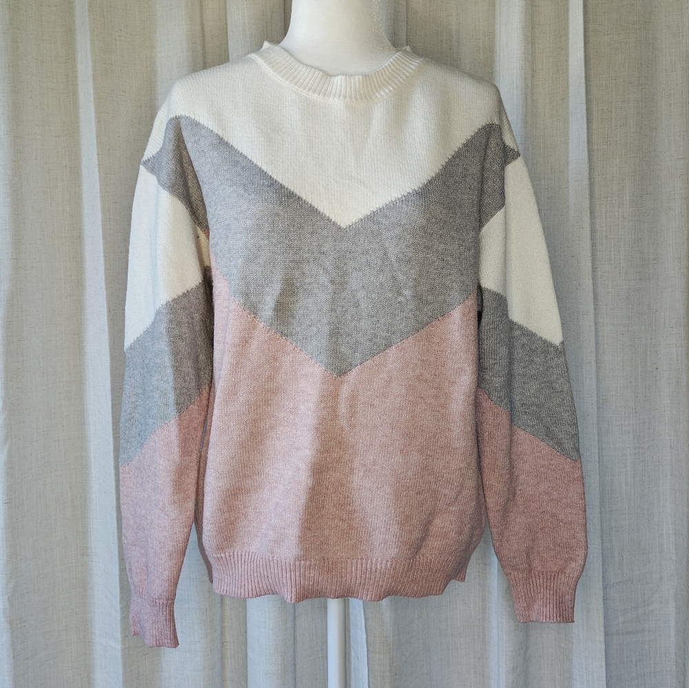 SHEIN Chevron Colorblock Sweater - Pink, Gray, and Cream